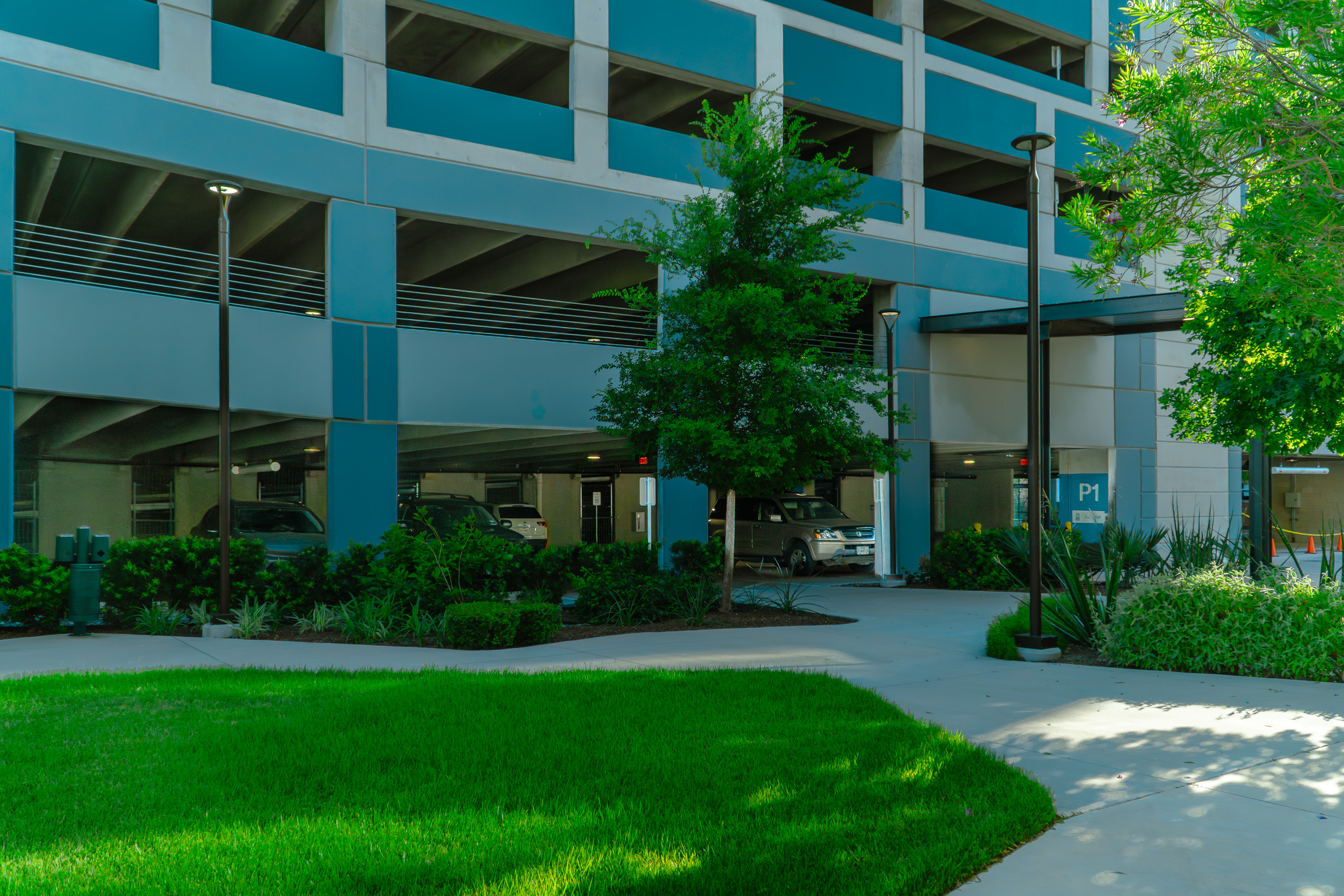 AIDM parking lot viewed from the entrance walkway