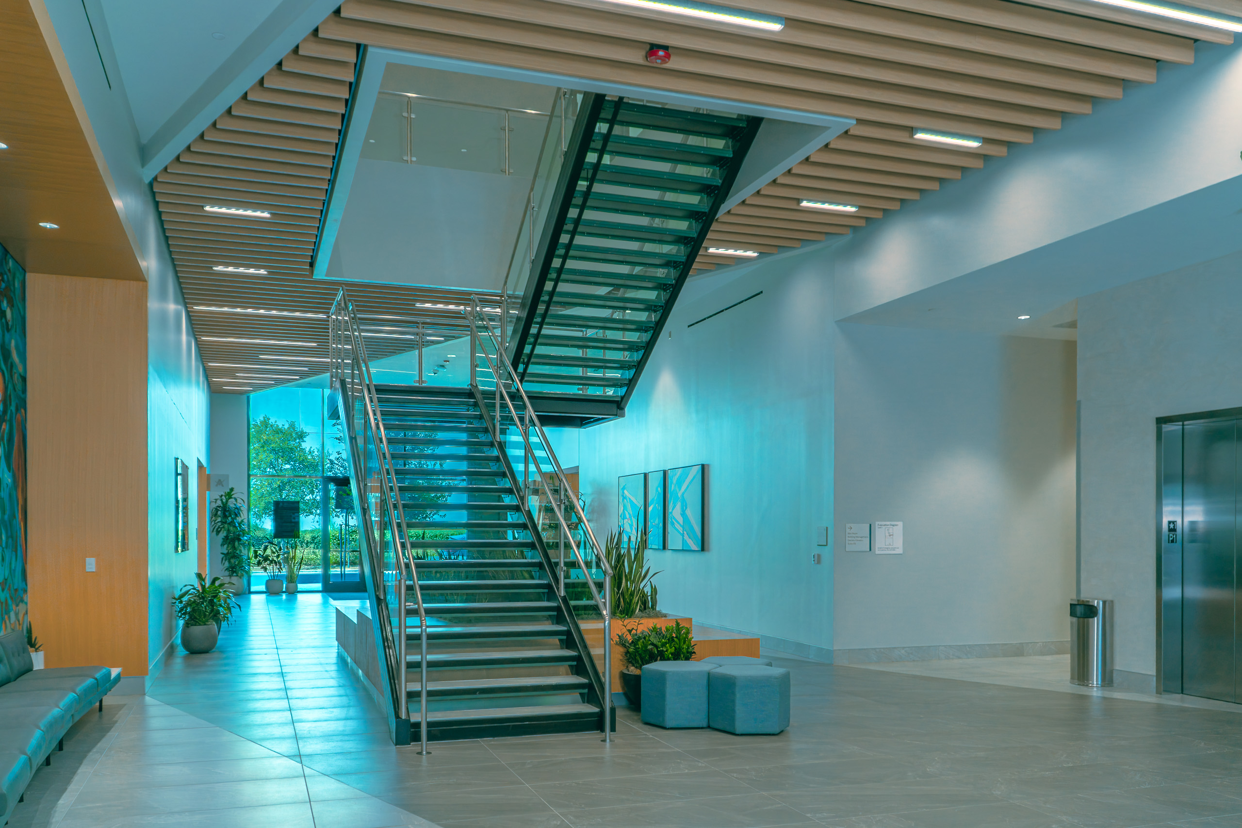 AIDM first-floor lobby stairs and elevator